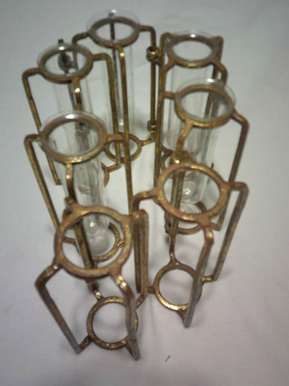 HINGED METAL & GLASS BUD FLOWER VASES ART DECO 5 TUBES 7 GOLD SLOTS PLANT STAND